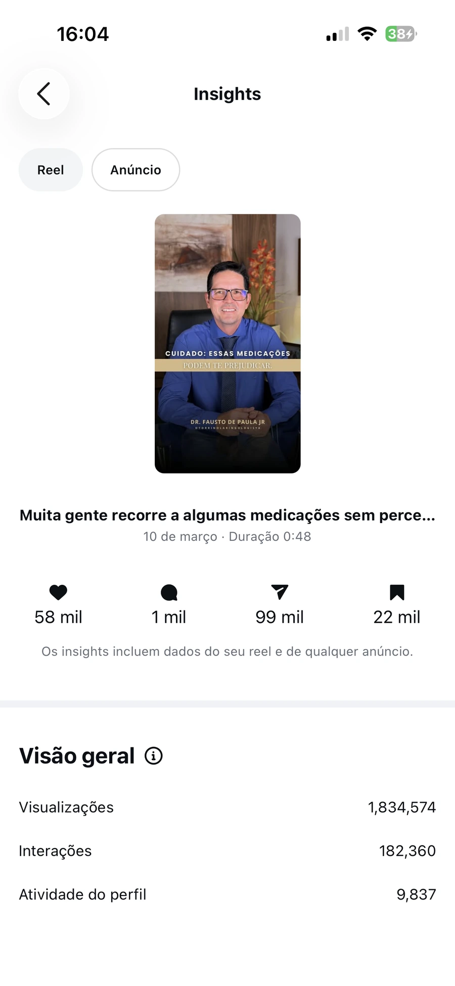 Painel de insights de vídeo com 1.834.574 visualizações, 182.360 interações e 9.837 ações no perfil.